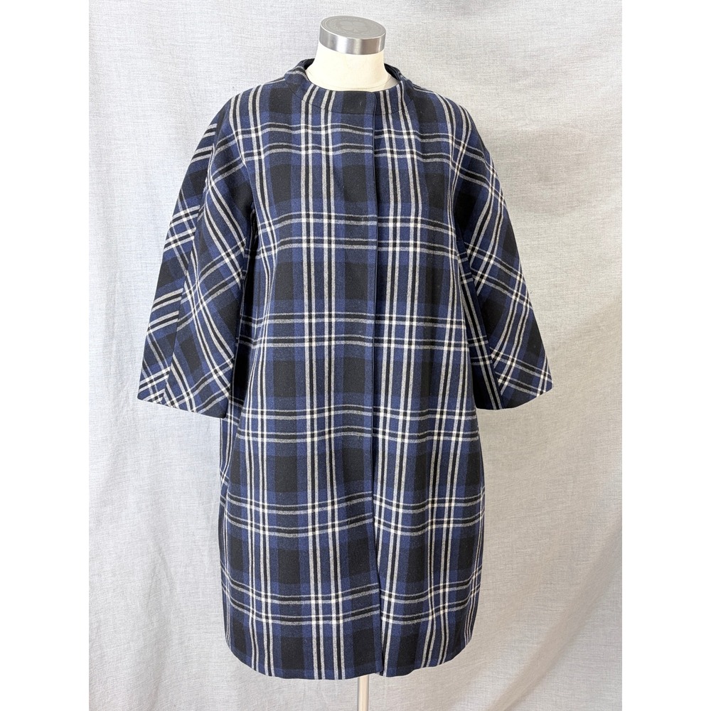'S Max Mara Plaid Wool Blend Cocoon Coat Blue Black White Size 12